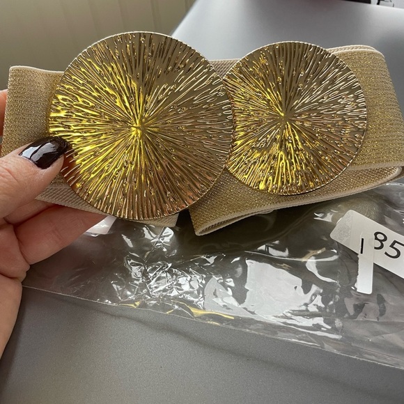BNIB Bling Gold Women’s Wide Stretchy Elastic Cinch Belt - Picture 3 of 5